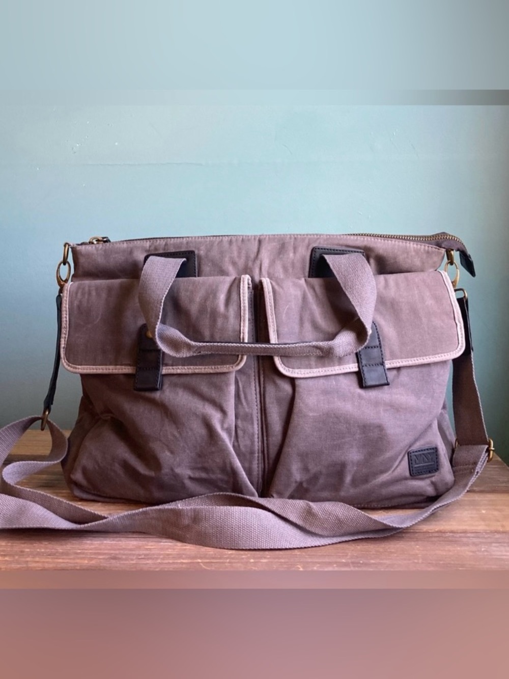 Marc New York Taupe Canvas Travel Messenger Bag